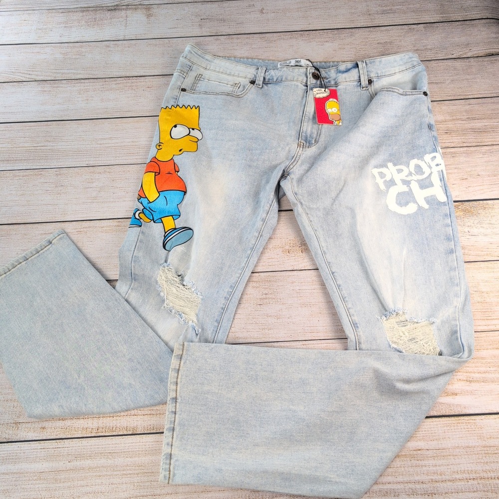 The Simpsons Bart Simpson Problem Child Distressed Light Wash Jeans Mens 40 NWT